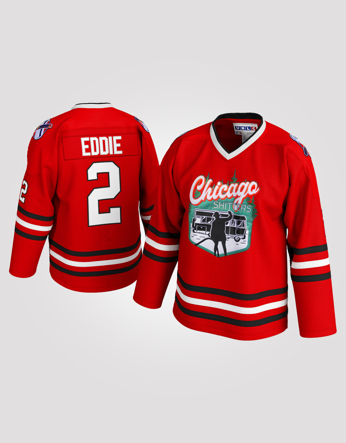 Cousin Eddie #2 Chicago Shitters Christmas Vacation Style Hockey Jersey